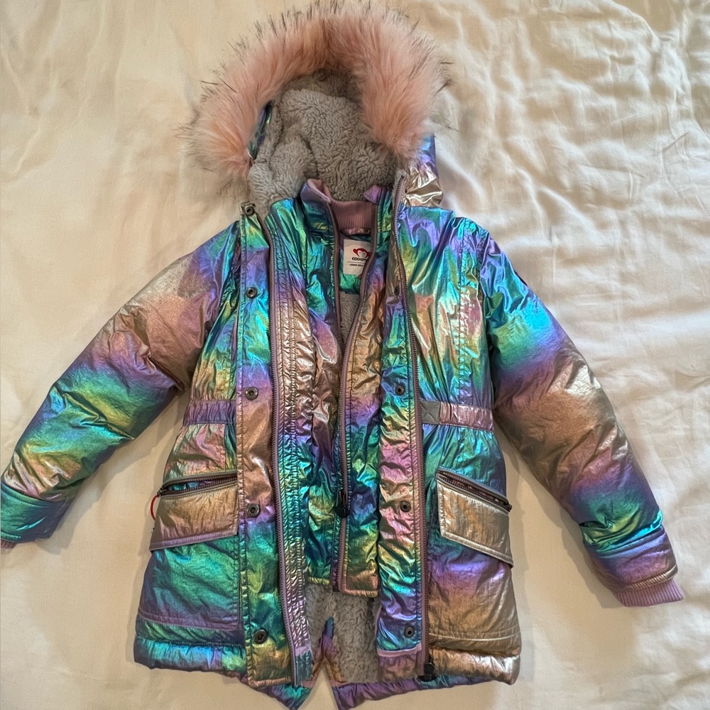 Appaman Iridescent Rainbow Puffer Coat with Faux Fur Hood